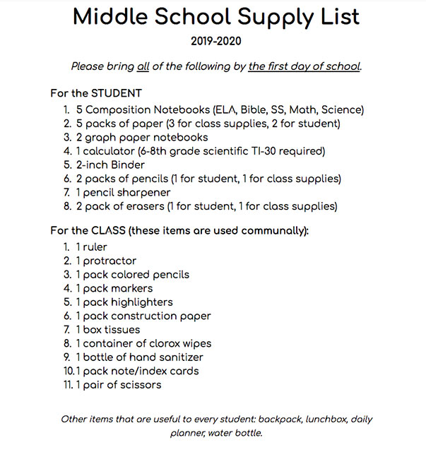 Sixth through Eighth Grade Classroom Supply Pack 