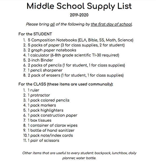 dublin high school supply list