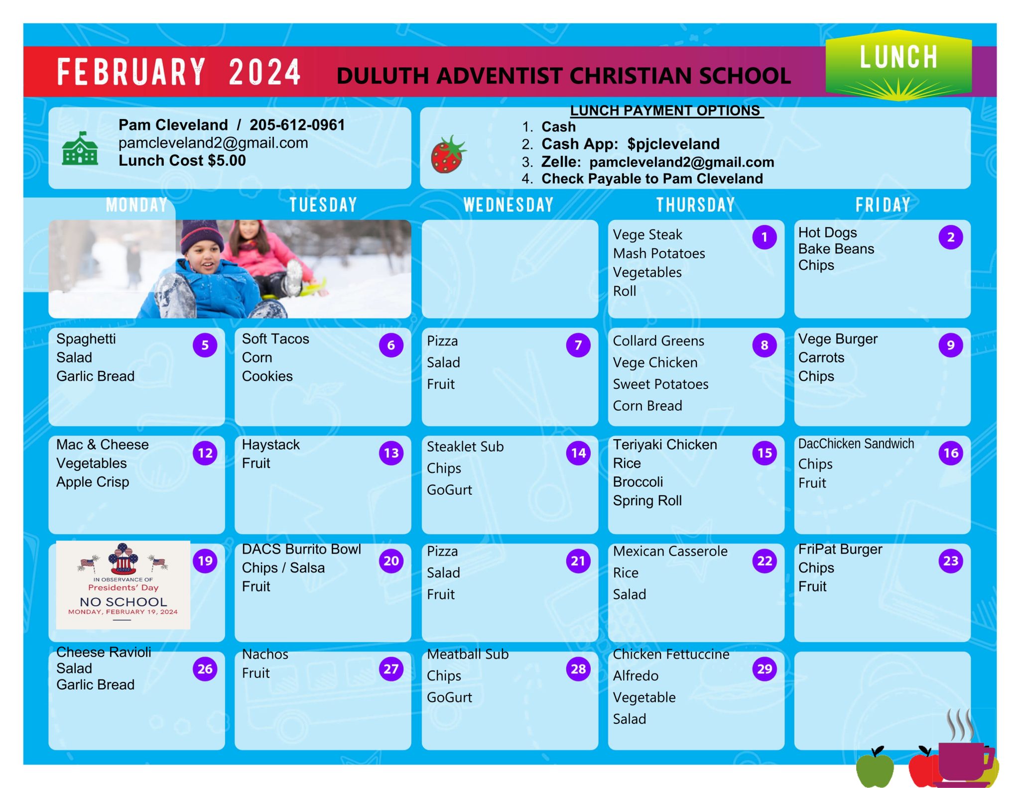 Lunch Menu February 2024 Duluth Adventist Christian School