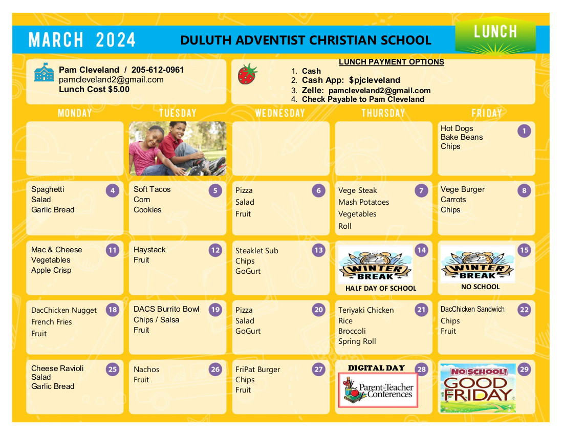 Lunch Menu March 2024 Duluth Adventist Christian School